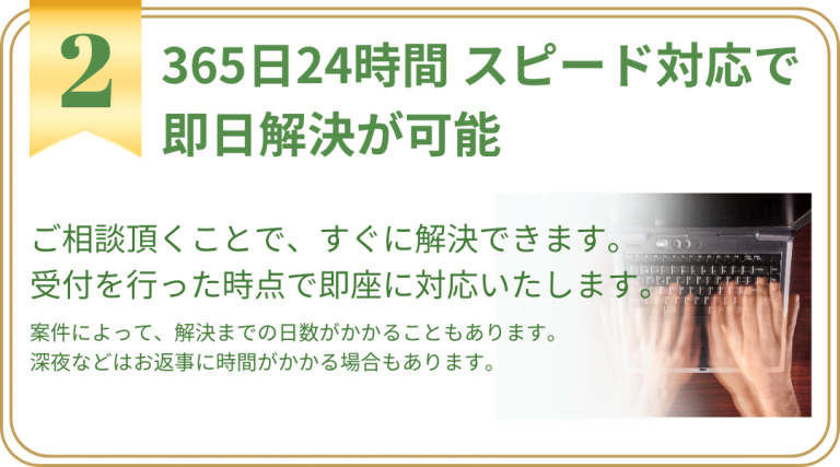 365日24時間のスピード対応で即日解決が可能 ご相談頂くことで、解決できます。 受付を行った時点で即座に対応いたします。 案件によって、解決までの日数がかかることもあります。 深夜などはお返事に時間がかかる場合もあります。